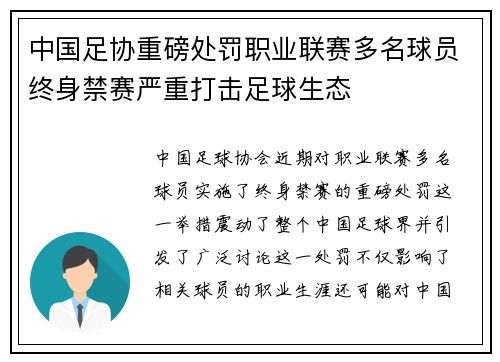 中国足协重磅处罚职业联赛多名球员终身禁赛严重打击足球生态